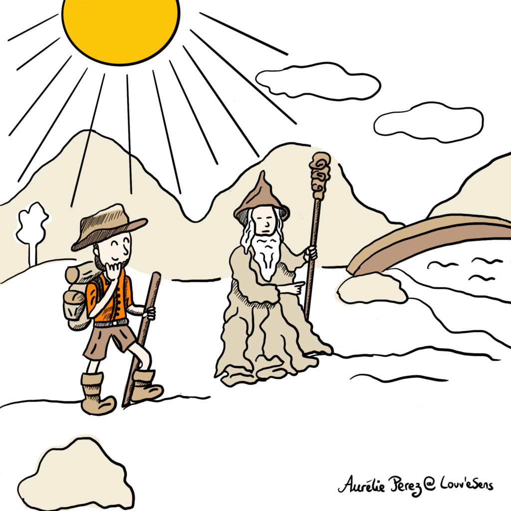 Illustration aventurier et grand Sage soleil montagne ADP_Co_Aurelie_Perrez_Louv'eSens_Sagesse